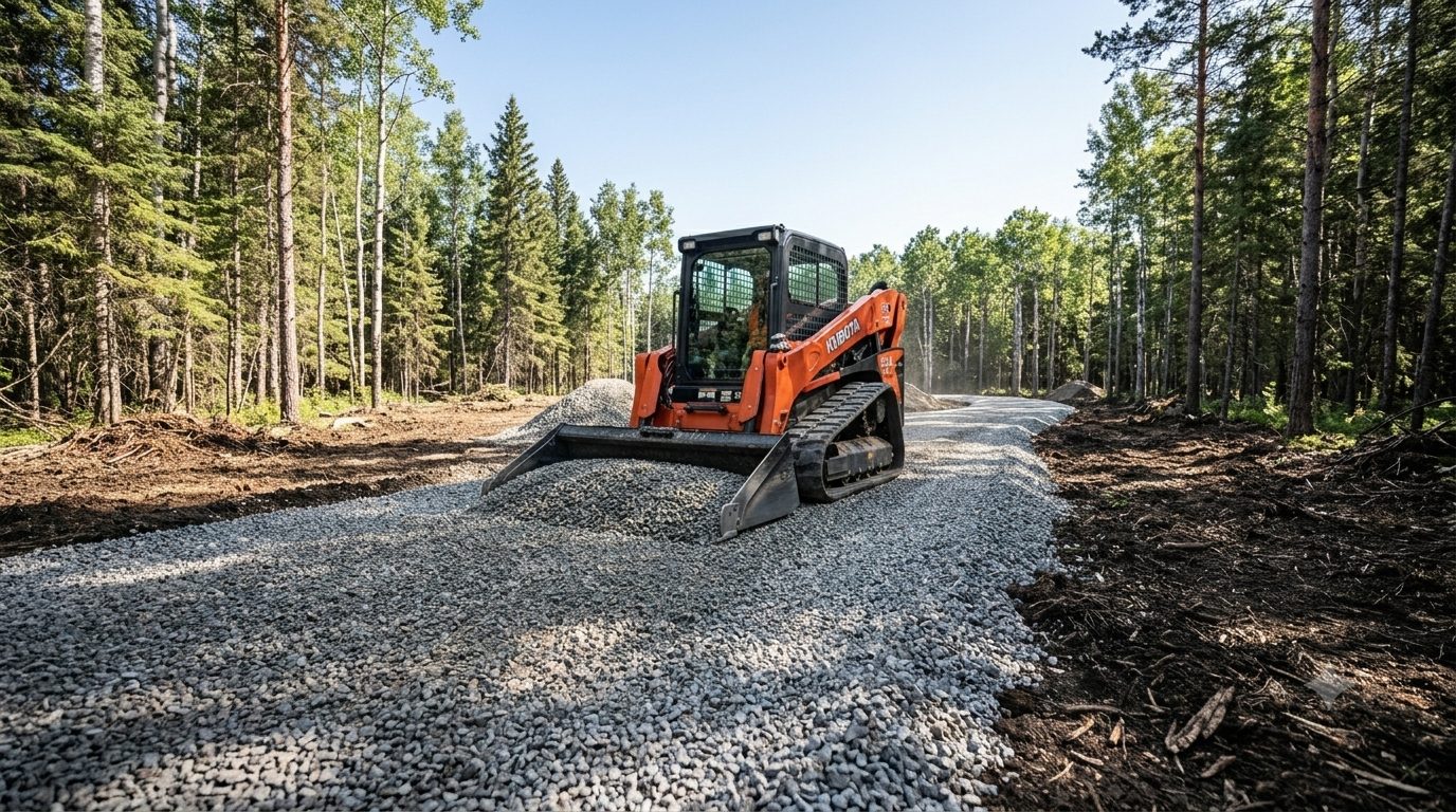 Skid steer spreading gravel on a new driveway