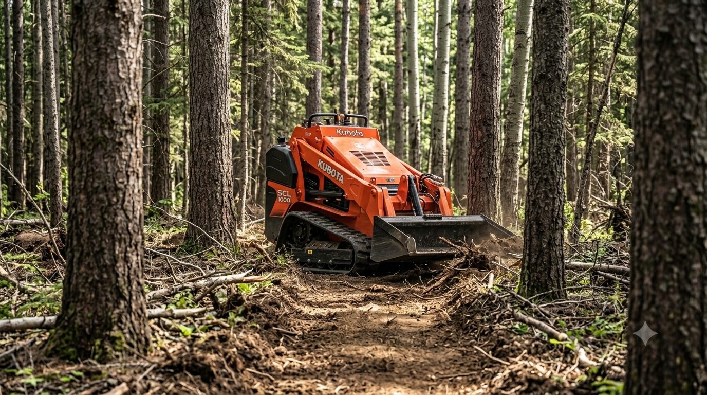 Mini skid steer clearing a narrow trail between trees