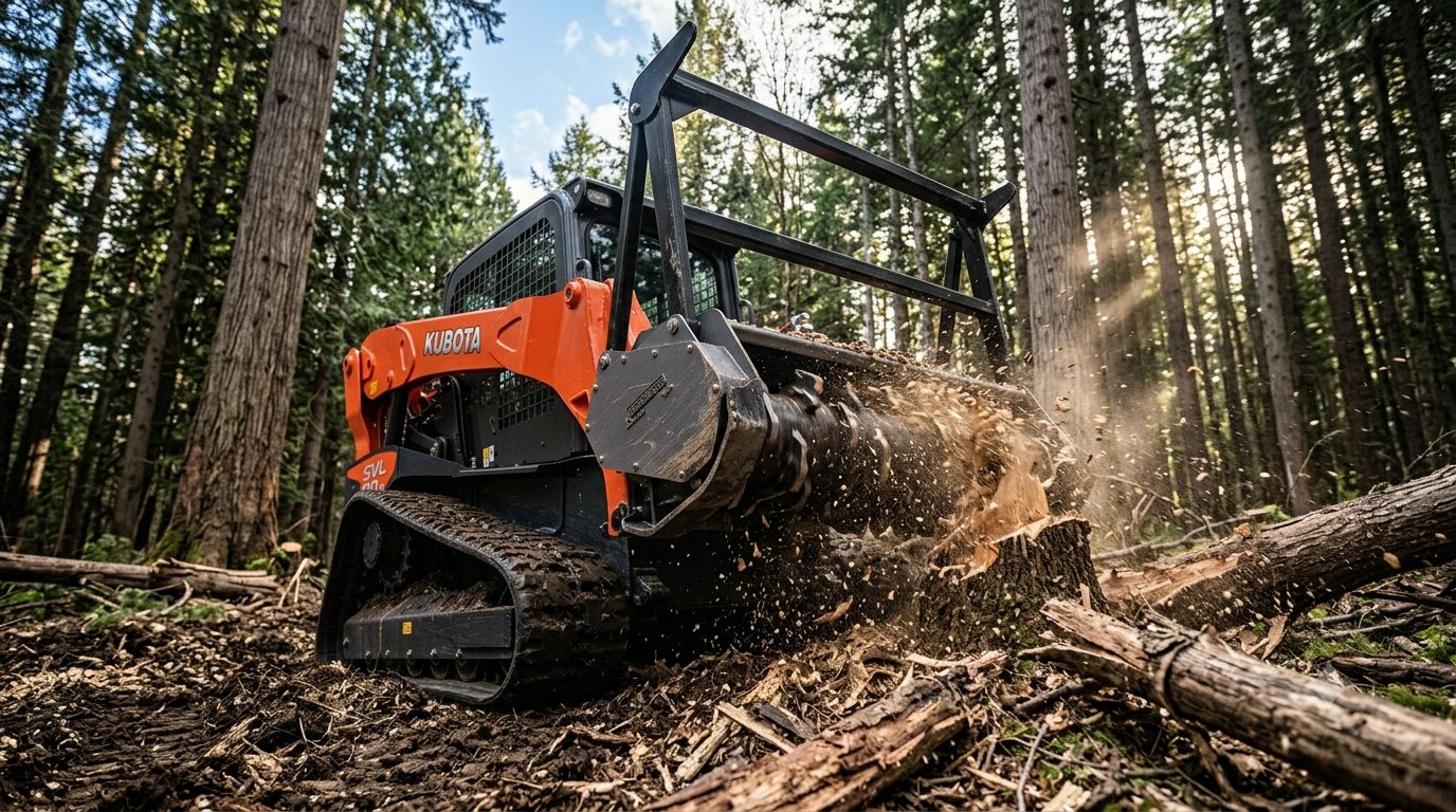 Mulcher head grinding a log, low angle